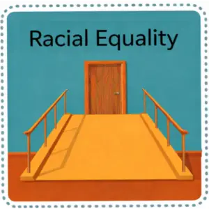 An illustration labelled "Racial Equality" showing a single ramp with handrails leading up to a closed wooden door set into a teal wall. © BRK Ujima 2025, CC BY-NC 4.0.