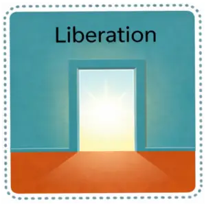 An illustration labelled "Liberation" showing a wide open doorway set into a teal wall, with no door, no stairs, and no ramp. Bright light streams through the opening onto the floor. © BRK Ujima 2025, CC BY-NC 4.0.